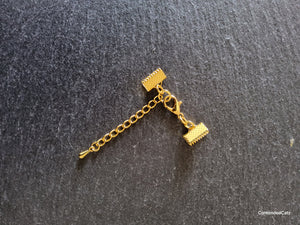 Bright Gold Plated Alloy Crimp End sets for 10mm (3/8") wide Ribbon with Extender Chain