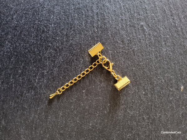 Bright Gold Plated Alloy Crimp End sets for 10mm (3/8") wide Ribbon with Extender Chain