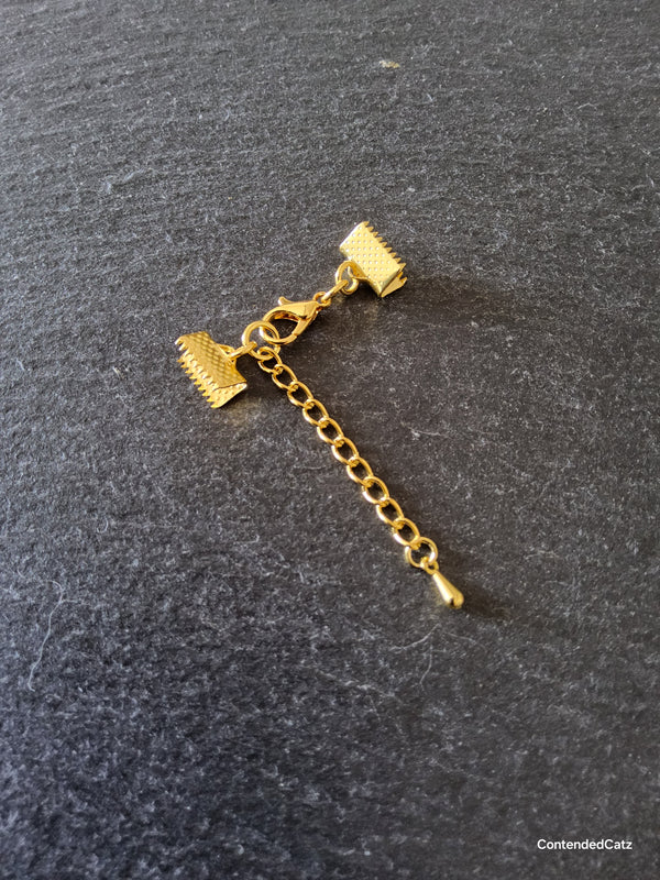 Bright Gold Plated Alloy Crimp End sets for 10mm (3/8") wide Ribbon with Extender Chain