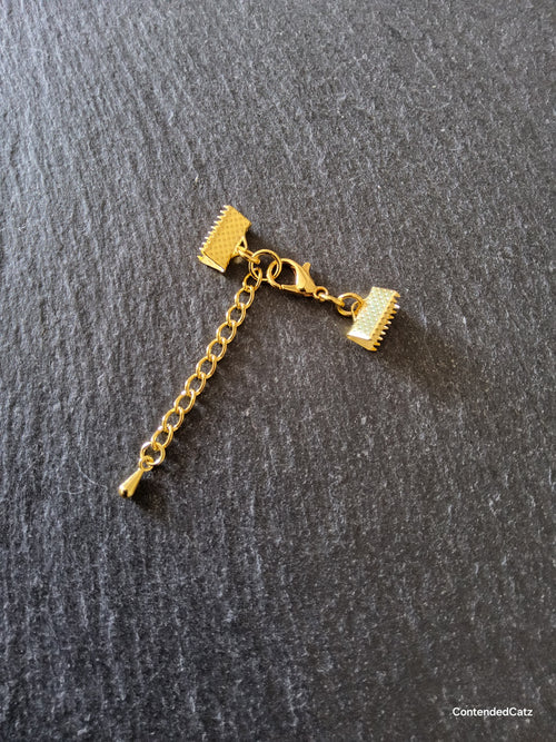 Bright Gold Plated Alloy Crimp End sets for 10mm (3/8") wide Ribbon with Extender Chain