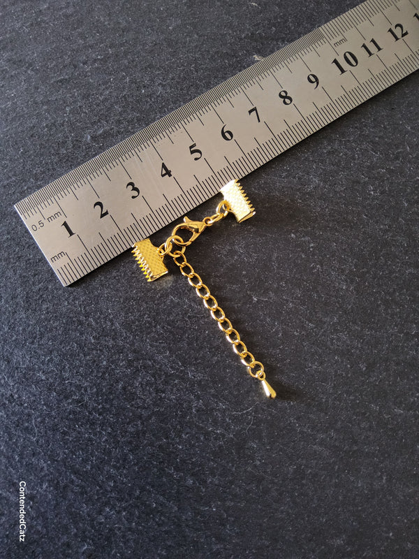 Bright Gold Plated Alloy Crimp End sets for 10mm (3/8") wide Ribbon with Extender Chain