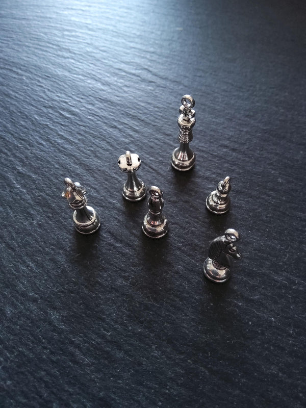 Set of 6 Chess Piece Charms Antique Silver Alloy 19x7.4x8mm - ContentedCatz