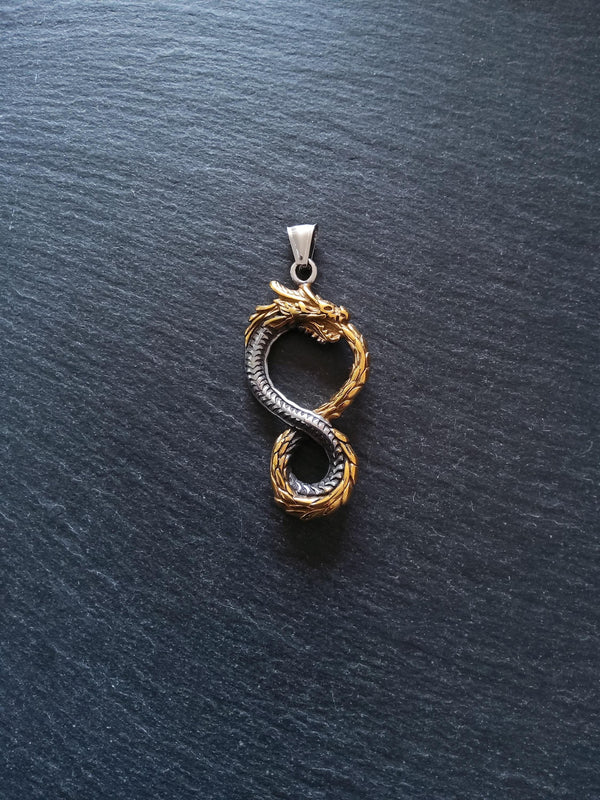 Dragon Infinity Pendant Stainless Steel Silver & Gold 57x28x6mm - ContentedCatz