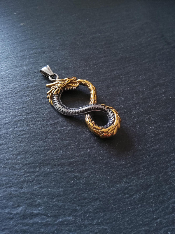 Dragon Infinity Pendant Stainless Steel Silver & Gold 57x28x6mm - ContentedCatz