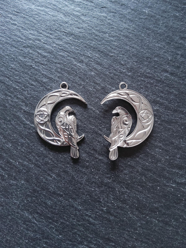 Crescent Moon & Raven Pendants Stainless Steel 36x24mm - ContentedCatz