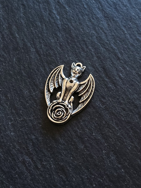 6 or 30 Winged Cat Gargoyle with Rose Charms Antique Silver Tone 27x19mm - ContentedCatz