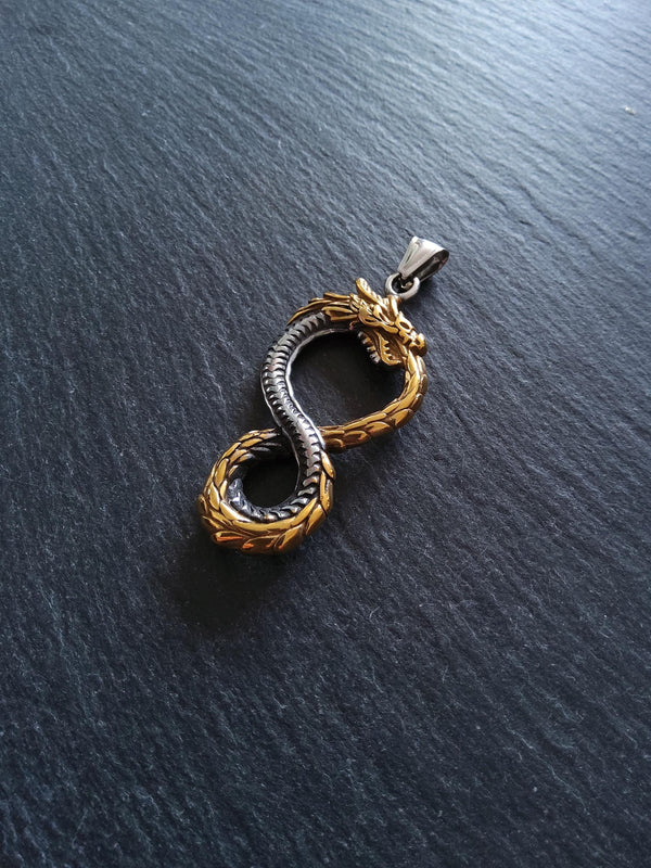 Dragon Infinity Pendant Stainless Steel Silver & Gold 57x28x6mm - ContentedCatz