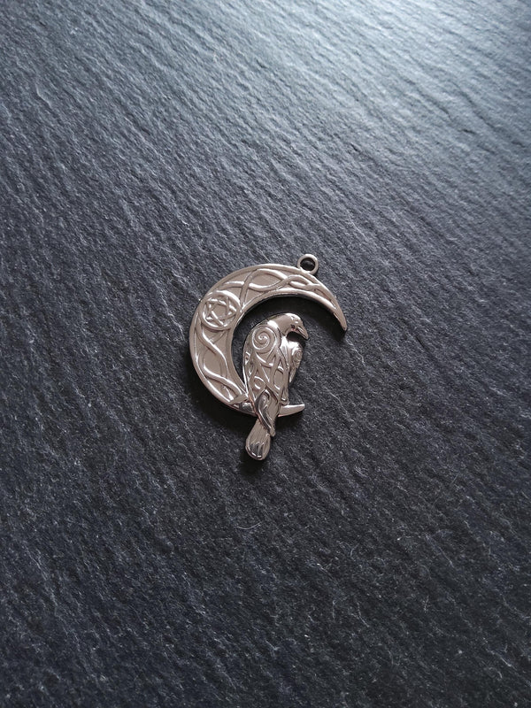 Crescent Moon & Raven Pendants Stainless Steel 36x24mm - ContentedCatz