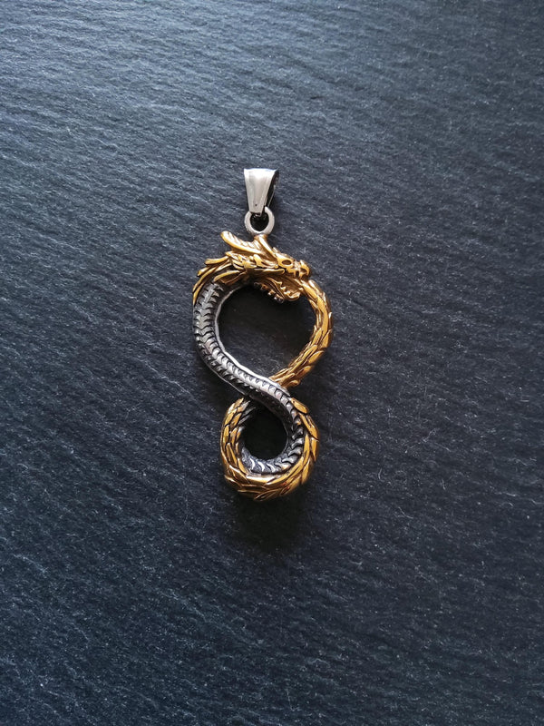 Dragon Infinity Pendant Stainless Steel Silver & Gold 57x28x6mm - ContentedCatz