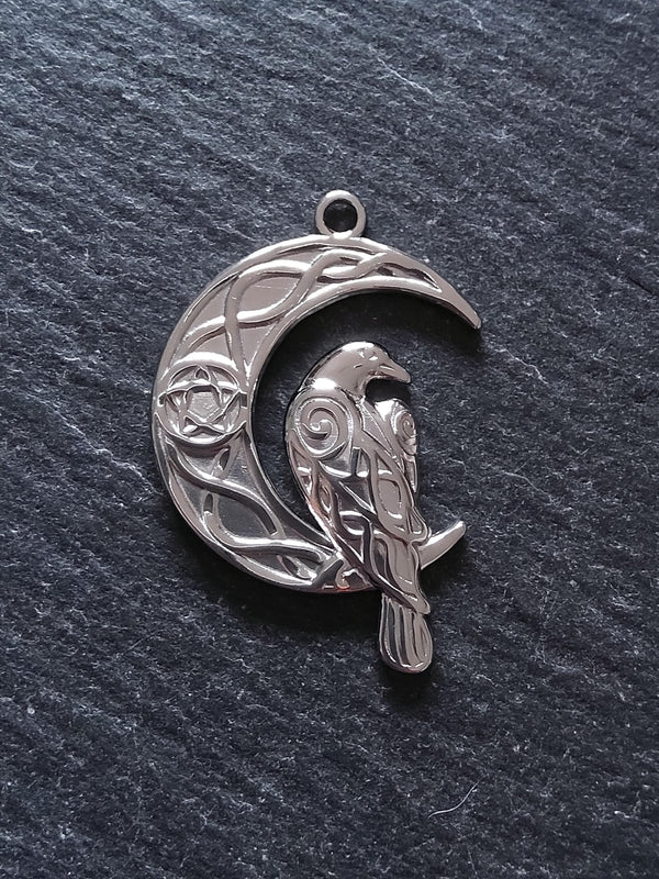 Crescent Moon & Raven Pendants Stainless Steel 36x24mm - ContentedCatz