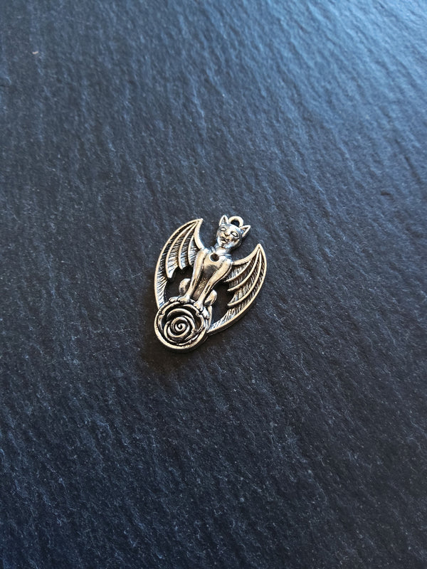 6 or 30 Winged Cat Gargoyle with Rose Charms Antique Silver Tone 27x19mm - ContentedCatz