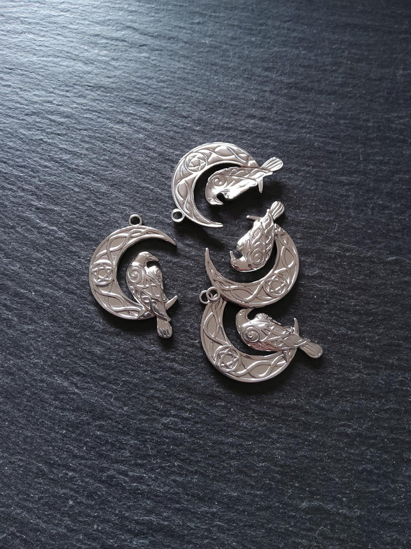 Crescent Moon & Raven Pendants Stainless Steel 36x24mm - ContentedCatz