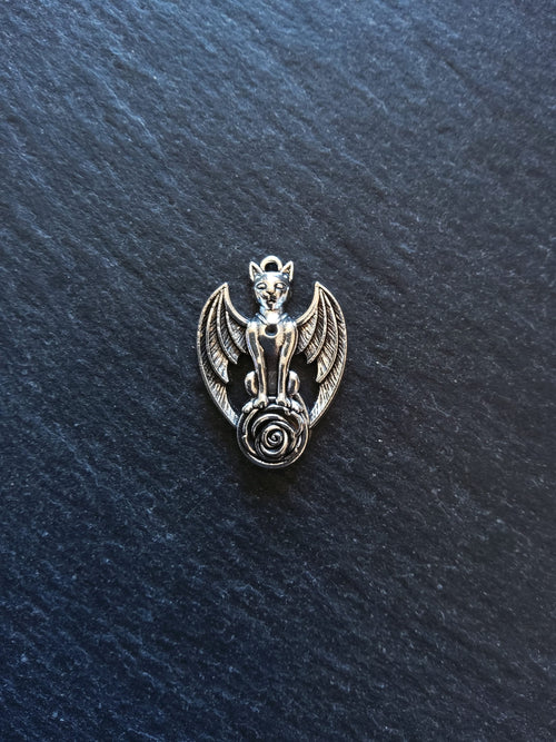 6 or 30 Winged Cat Gargoyle with Rose Charms Antique Silver Tone 27x19mm - ContentedCatz