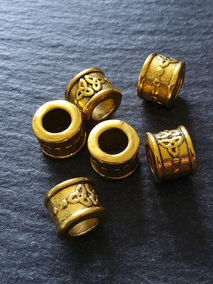 Celtic Knot Beads Antique Gold Tone Triquetra Design Cylinder Charm 11x8mm. Large 6mm Hole. Nickel FREE - ContentedCatz