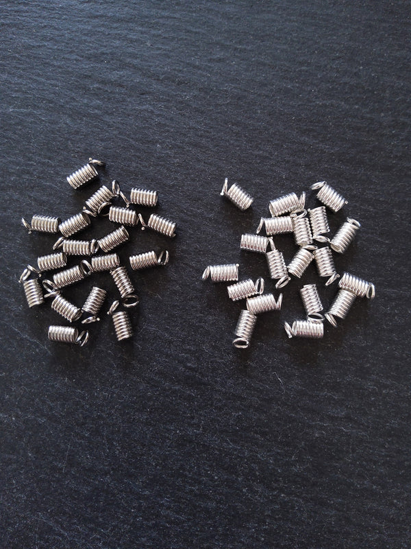 100 Coil Crimp End Spring Crimps for 2mm Cord Bright Silver or Silver Tone 9x4mm