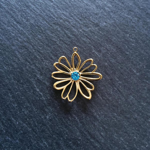 Real 14K Gold Plated Stainless Steel Flower Charm with Blue Diamante Centre 28x26mm