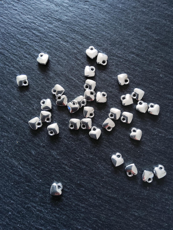 20 or 100 Solid Heart Charms Bright Silver Plated Alloy 8x7x2.5mm