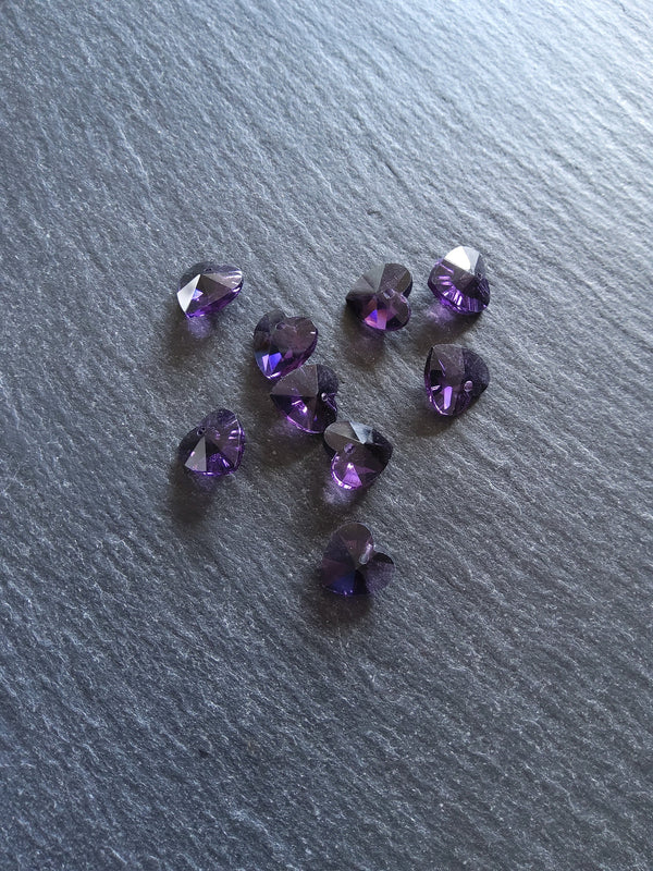 10 or 50 Clear Dark Purple Faceted Glass Heart Charms 10x10x5mm