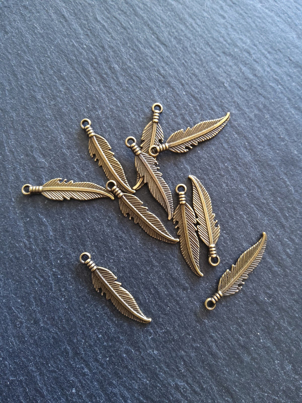 20 or 100 Antique Bronze Tone Feather Charms 27x6mm - ContentedCatz