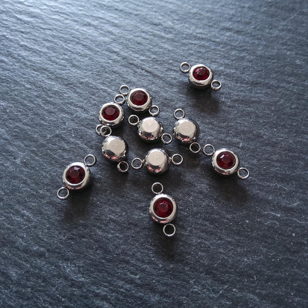 2 or 10 Round Stainless Steel Connector Charms with Deep Ruby Red Rhinestone 12x6.5x4mm - ContentedCatz
