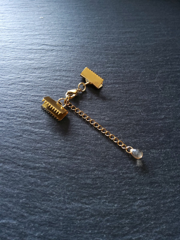 2 or 10 Gold Stainless Steel Crimp End Sets for 15mm Ribbon with Extender Chain - ContentedCatz