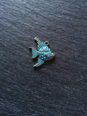 12 or 60 Antique Copper Fish Charms with Blue Patina 21x19mmv