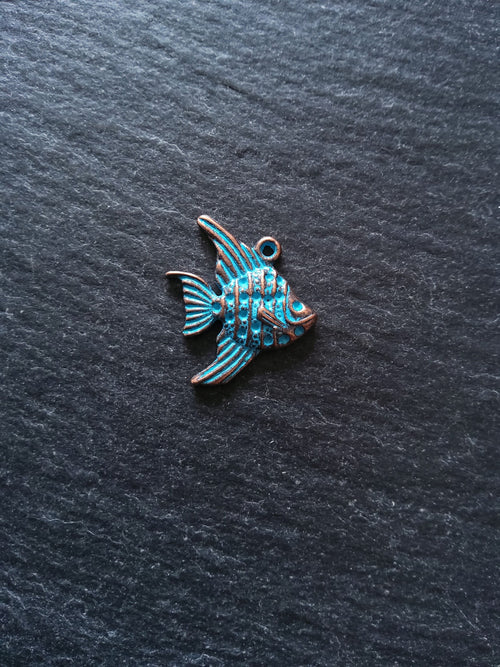 12 or 60 Antique Copper Fish Charms with Blue Patina 21x19mmv