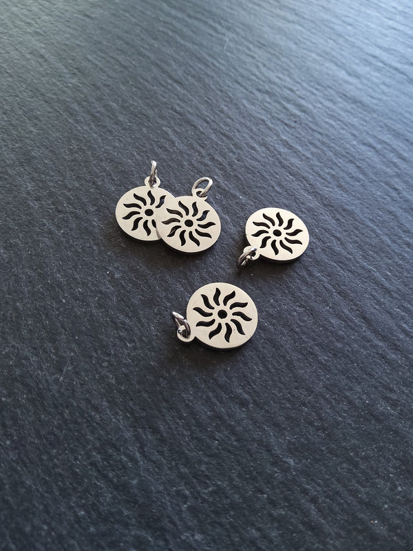 2 or 10 Stainless Steel Sun Charms Pierced Flat Round 14x12mm