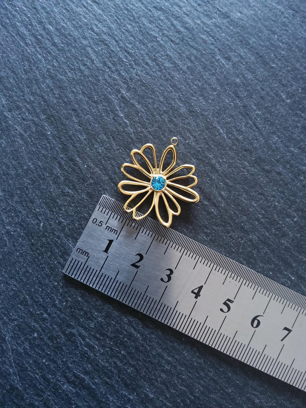 Real 14K Gold Plated Stainless Steel Flower Charm with Blue Diamante Centre 28x26mm