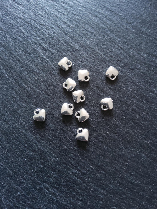 20 or 100 Solid Heart Charms Bright Silver Plated Alloy 8x7x2.5mm