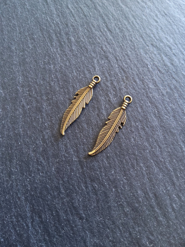 20 or 100 Antique Bronze Tone Feather Charms 27x6mm - ContentedCatz