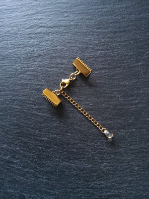 2 or 10 Gold Stainless Steel Crimp End Sets for 15mm Ribbon with Extender Chain - ContentedCatz