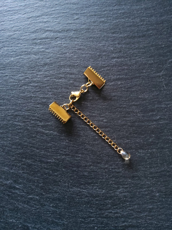 2 or 10 Gold Stainless Steel Crimp End Sets for 15mm Ribbon with Extender Chain - ContentedCatz