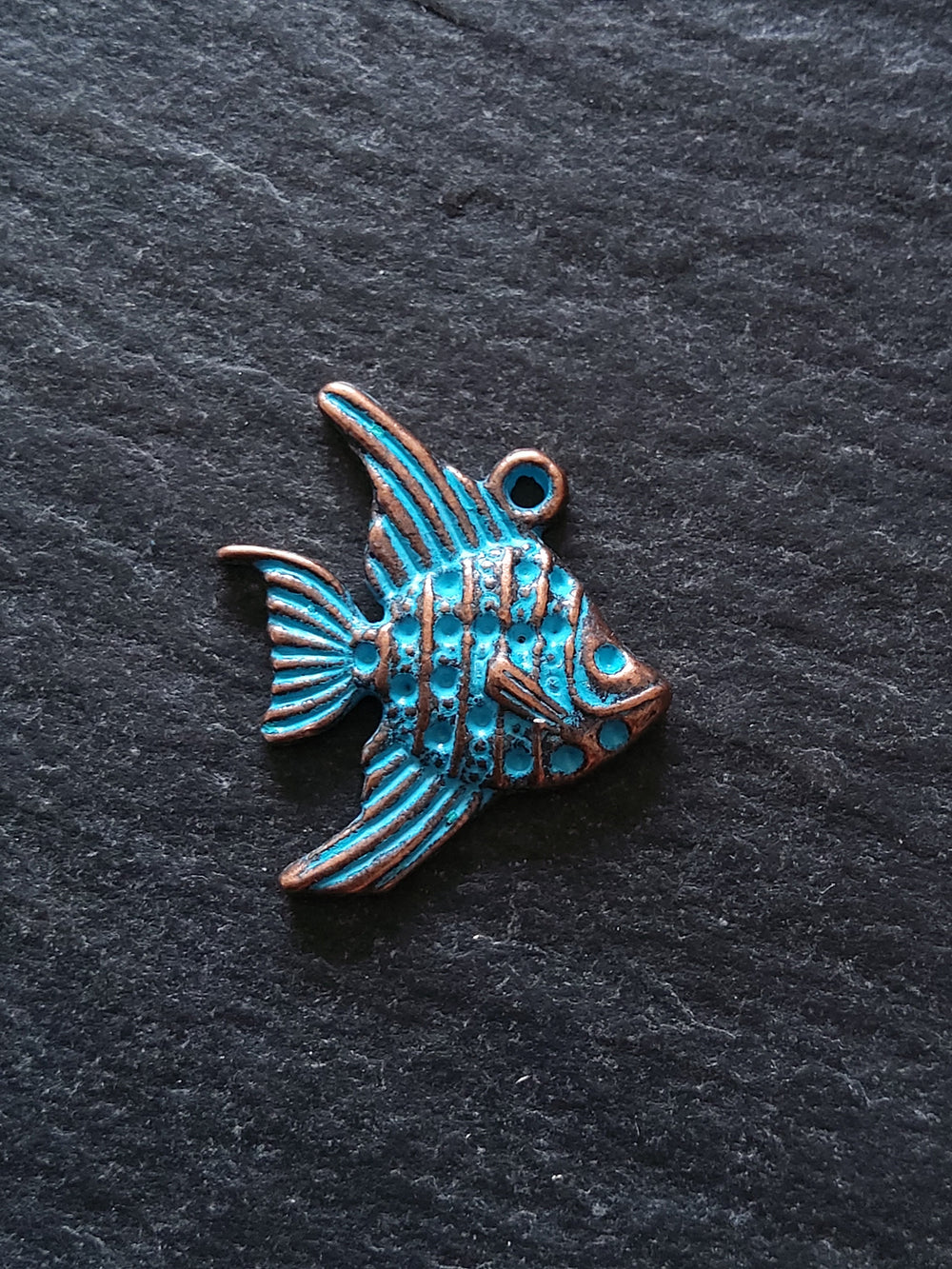 12 or 60 Antique Copper Fish Charms with Blue Patina 21x19mmv