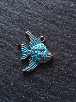 12 or 60 Antique Copper Fish Charms with Blue Patina 21x19mmv
