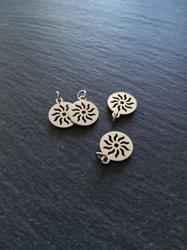 2 or 10 Stainless Steel Sun Charms Pierced Flat Round 14x12mm