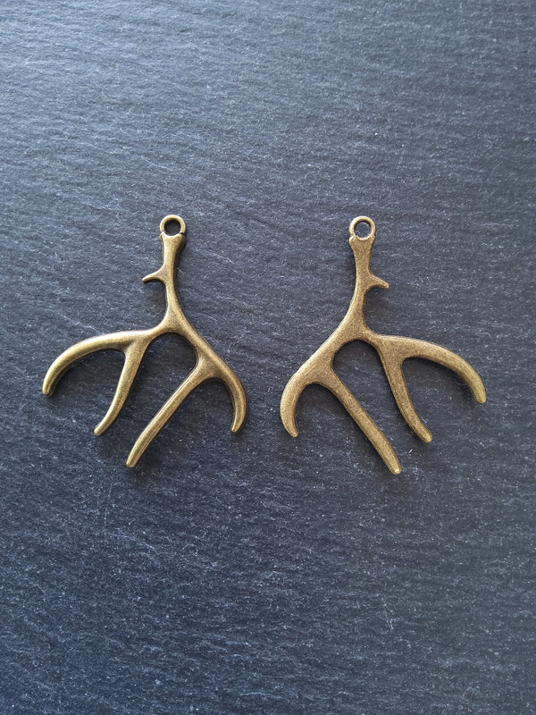 2 or 10 Large Antler Charms Antique Bronze Tone 52x45m