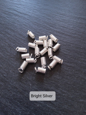 100 Coil Crimp End Spring Crimps for 2mm Cord Bright Silver or Silver Tone 9x4mm