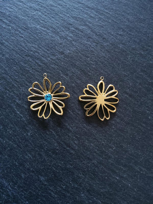 Real 14K Gold Plated Stainless Steel Flower Charm with Blue Diamante Centre 28x26mm