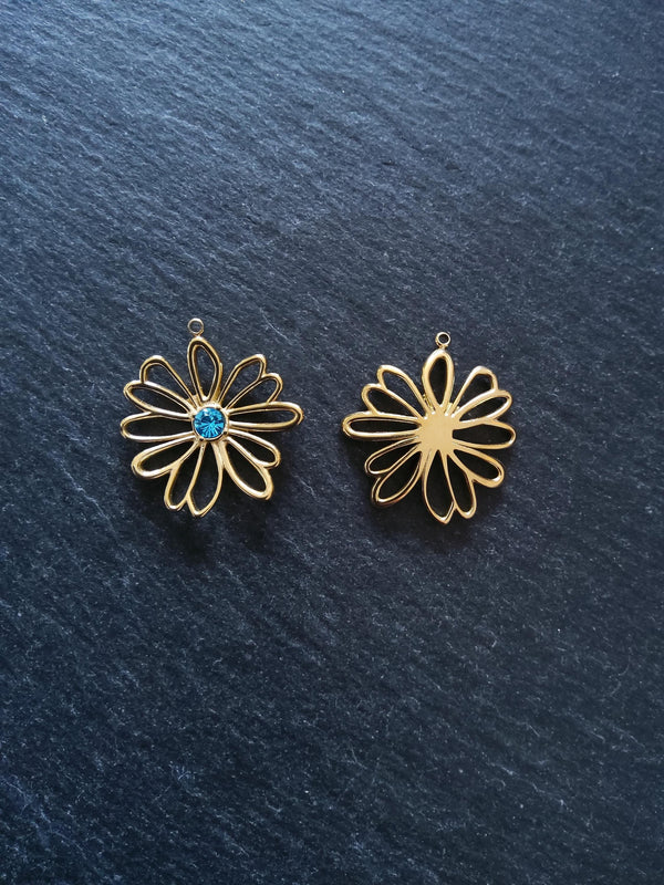 Real 14K Gold Plated Stainless Steel Flower Charm with Blue Diamante Centre 28x26mm