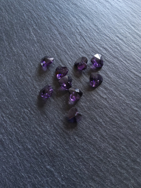 10 or 50 Clear Dark Purple Faceted Glass Heart Charms 10x10x5mm