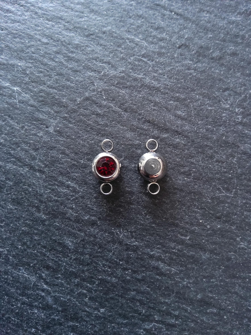 2 or 10 Round Stainless Steel Connector Charms with Deep Ruby Red Rhinestone 12x6.5x4mm - ContentedCatz