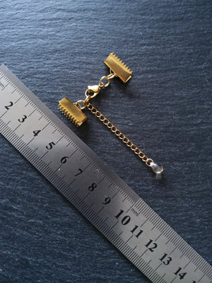 2 or 10 Gold Stainless Steel Crimp End Sets for 15mm Ribbon with Extender Chain - ContentedCatz