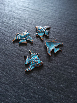 12 or 60 Antique Copper Fish Charms with Blue Patina 21x19mmv
