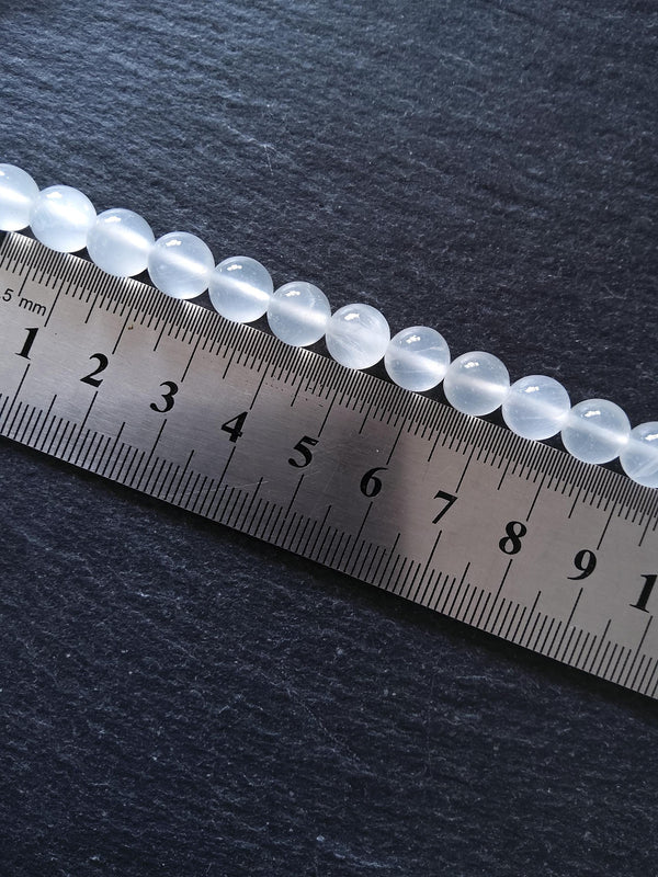 8.3mm Natural Selenite Undyed Round Polished Beads. Full 15.7 inch Strand Hole: 1mm