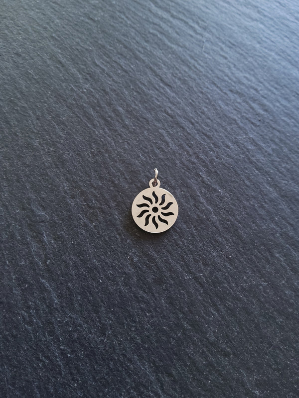 2 or 10 Stainless Steel Sun Charms Pierced Flat Round 14x12mm