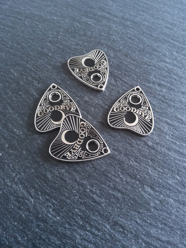 4 or 20 Silver Tone Ouija Goodbye Planchette Charms with Black Enamel 26x22mm