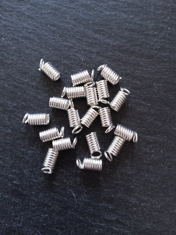 100 Coil Crimp End Spring Crimps for 2mm Cord Bright Silver or Silver Tone 9x4mm