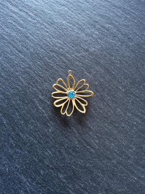 Real 14K Gold Plated Stainless Steel Flower Charm with Blue Diamante Centre 28x26mm