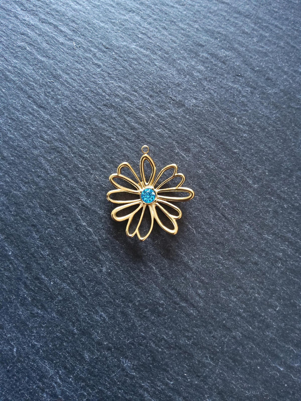 Real 14K Gold Plated Stainless Steel Flower Charm with Blue Diamante Centre 28x26mm